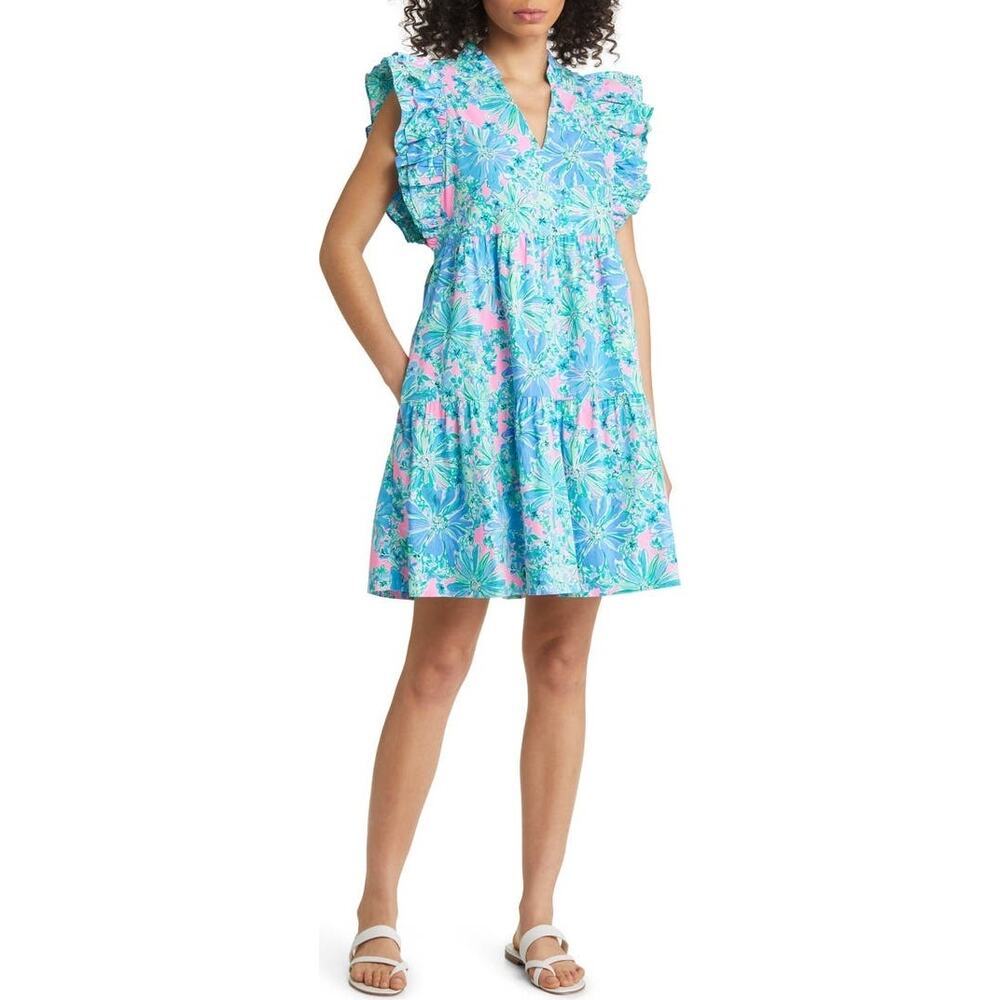 Lilly Pulitzer Aqua & Pink Floral Ruffle Tiered Mini Dress